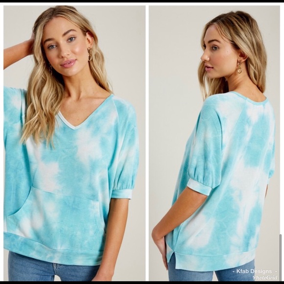 Teal Tie-Dye French Terry kangaroo pocket top - Picture 8 of 8